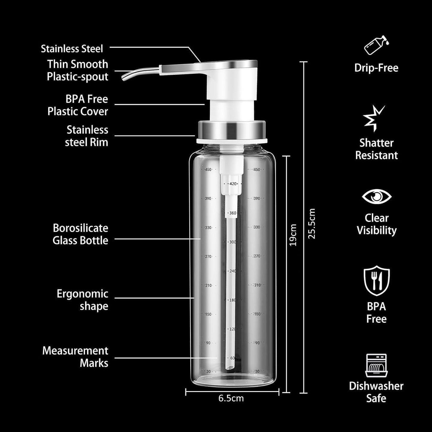Sauce Pump Dispensers, Coffee Syrup Dispenser, 17oz Glass Bottle with Stainless Steel Pumps, Leak-Proof, Food Grade Pumps for Honey, Syrups, Oil, Condiments, Salad Dressings (4 x Units)