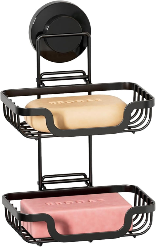 TAILI Double Layer Soap Dish Holder, Bar Soap Tray Suction Cup for Shower Wall, Draining for Bathroom, Rustproof Stainless Steel Sponge Holder for Tub, Kitchen, Drill-Free, Black