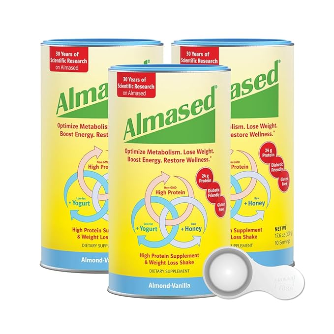 Almased Protein Powder, GLP-1 Nutrition Support Supplement, Meal Replacement Shake for Weight Loss, high protein, complete nutrition (Vanilla Flavor, 3 Cans @ 17.6 oz ea + scoop + 700ml Shaker Bottle