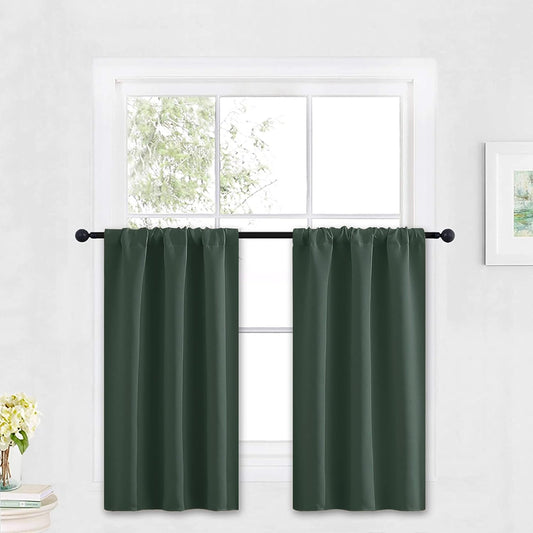 RYB HOME Bathroom Window Curtains - Super Soft Blackout Privacy Curtains for Baby Nursery Bedroom Basement Garege Workshop Kitchen Dining Living Room, W 29 x L 30, Dark Green, 2 Pcs