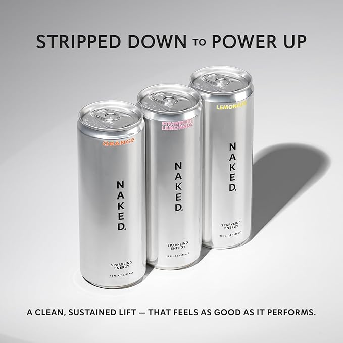Naked Sparkling Energy Drink - Strawberry Lemonade, Organic Caffeine, Organic Lemon Juice, Zero Sugar, No Sucralose, Naturally Sweetened, Natural Energy Drinks, Vegan, Gluten-Free, Non-GMO - 12oz Cans (Pack of 12)
