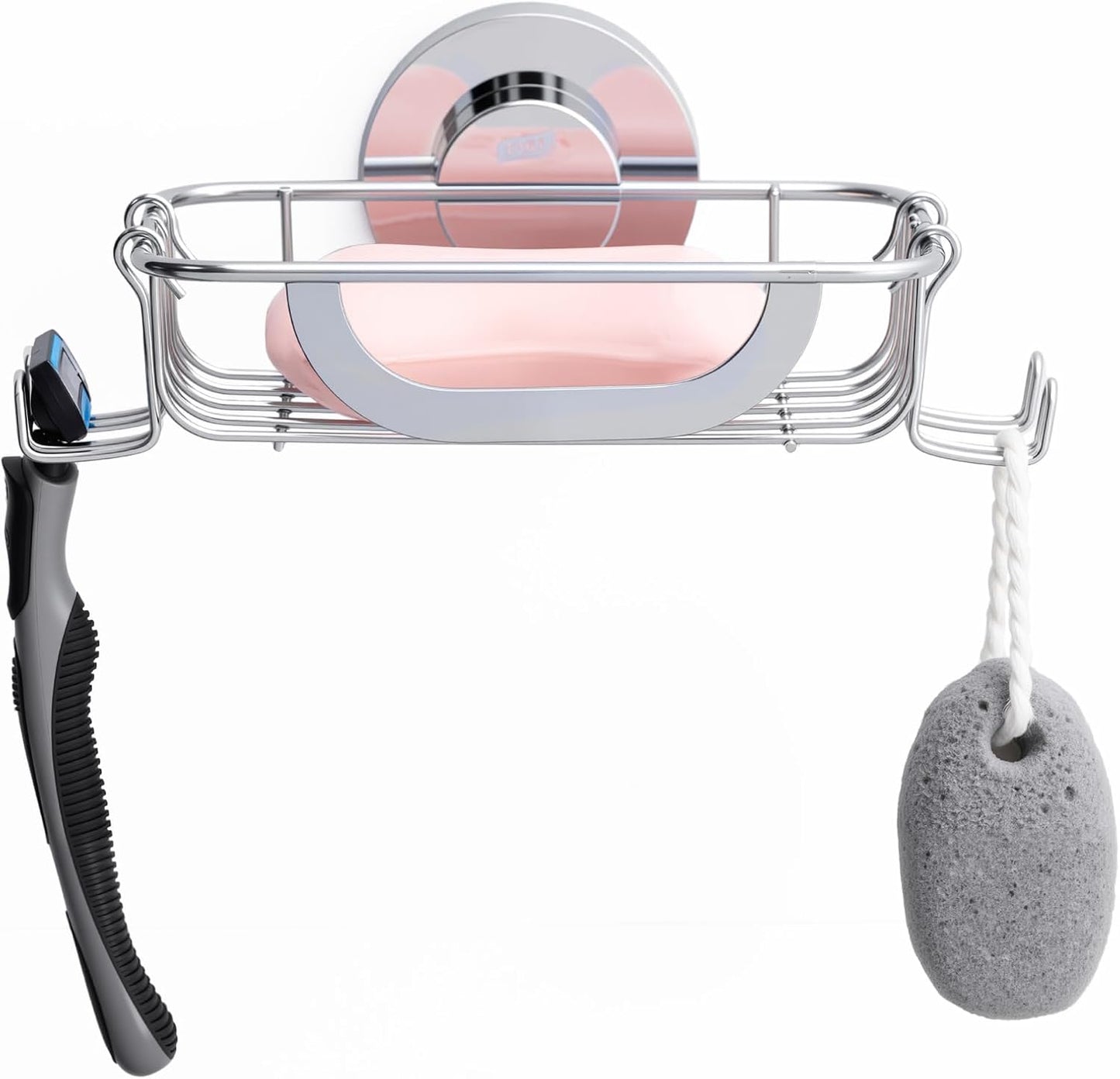 TAILI Soap Bar Holder Dish with Hooks, Shower Soap Tray Saver Suction Cup with Razor Holder for Wall, Rustproof Stainless Steel Bath Shampoo Caddy for Bathroom Accessories Organizer, Silver