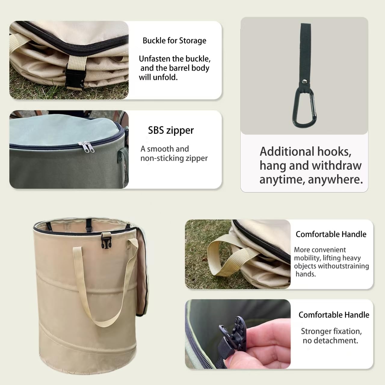 Collapsible Trash Can with Lid, Foldable Camping Trash Can, Outdoor Recycle Bin for Clothes and Toys, Thickened, Sturdy, Durable, with Attached Hook (Coffee)