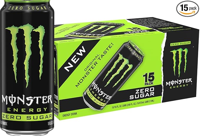 Monster Energy Zero Sugar, Green, Original, Low Calorie Energy Drink, 16 ounce (Pack of 15)