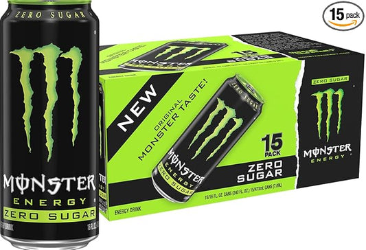 Monster Energy Zero Sugar, Green, Original, Low Calorie Energy Drink, 16 ounce (Pack of 15)