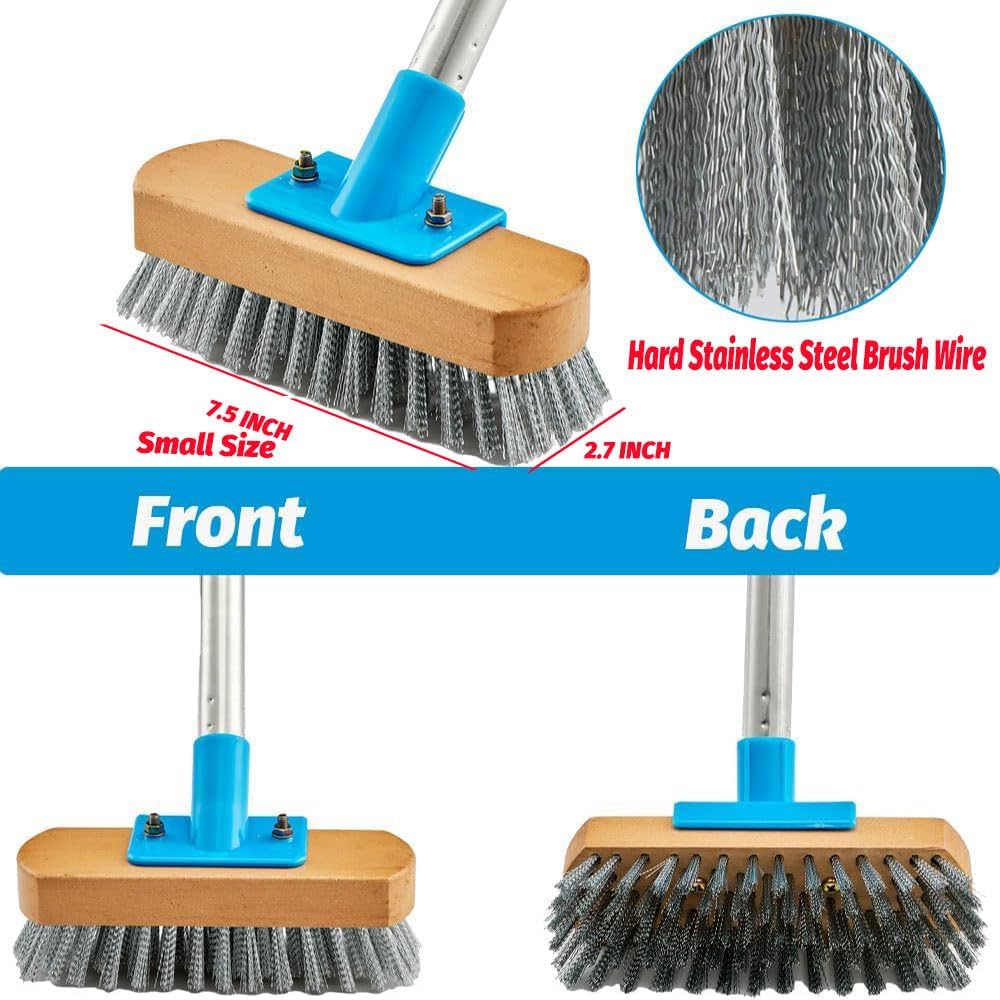 YONILL Stainless Steel Deck Scrub Brush with Long Handle - 60" Heavy Duty Floor Scrubber Brush with Pole, Moss Remover Wire Cleaning Brushes for Rough Surface, Concrete Floor, Patio, Garden, Garage