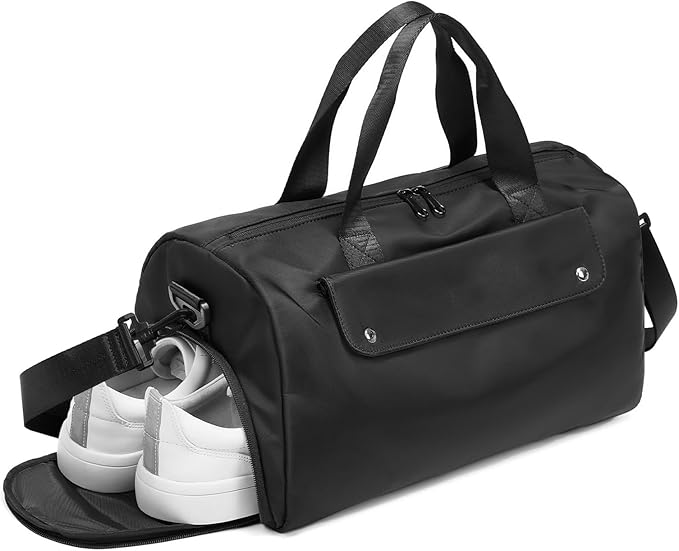 Small Gym Bag, Black Waterproof Duffle Bag for Men Women, Cordura Workout Bag with Trolley Sleeve, Duffle Bag for Travel, Sports, Fitness, Training, Yoga, Hospital