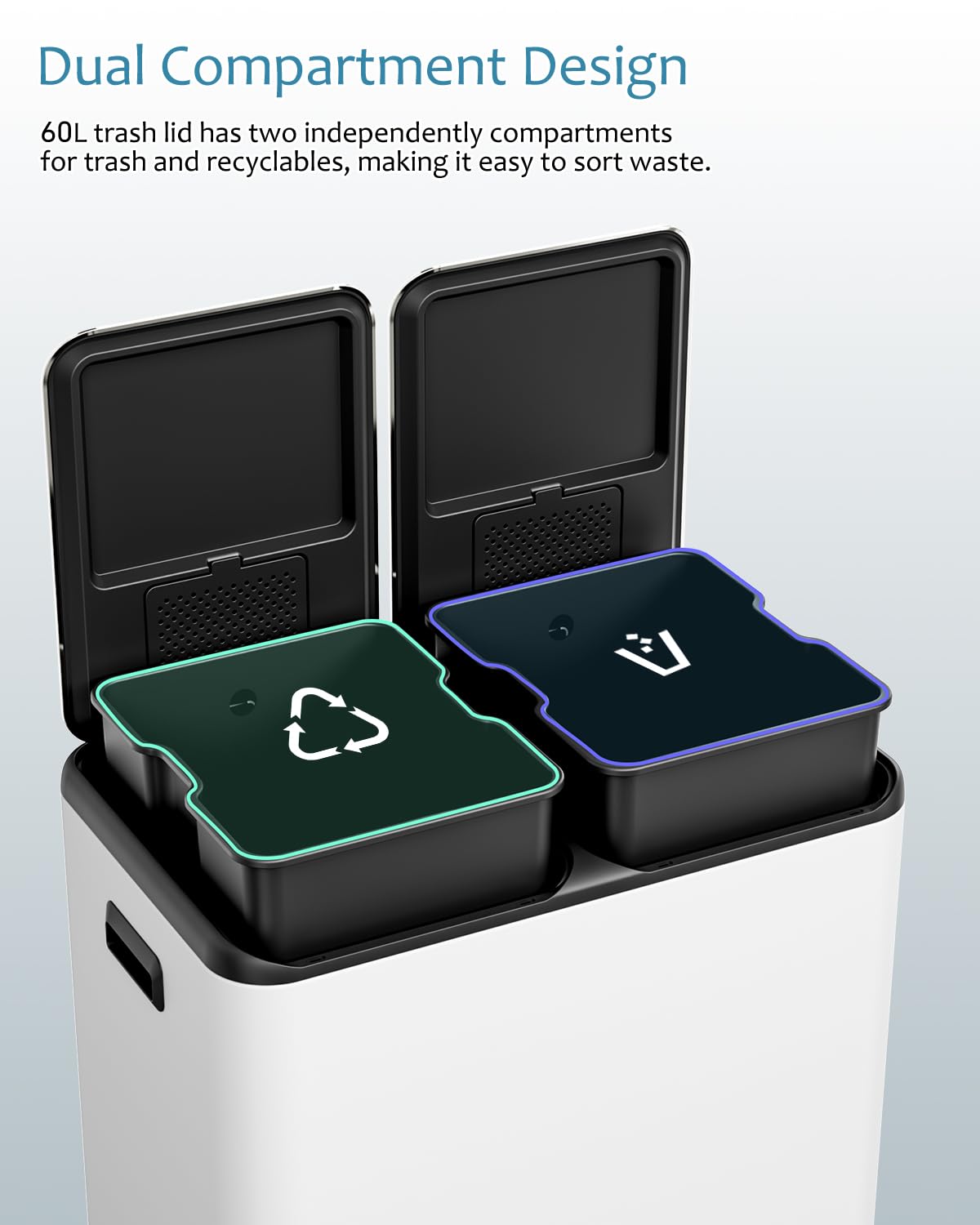 16 Gal (2 x 30 L) Dual Trash Can, Stainless Steel Kitchen Garbage Bin, Recycle Dustbin with Odor Control Box, Soft-Close Lid, Inner Buckets, Side Handle, Step Pedal, for Home Office