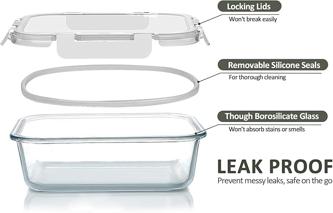 [5-Packs, 36 Oz.] Glass Meal Prep Containers with Locking Lids Glass Food Containers,Airtight Lunch Container,Microwave, Oven, Freezer and Dishwasher (4.5 Cup, White)