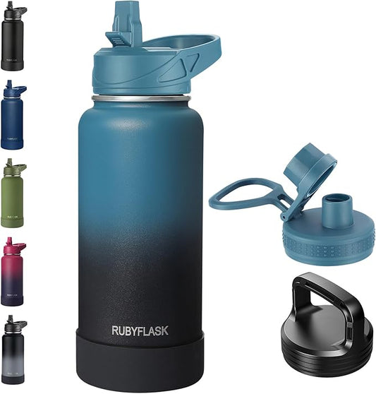 32oz Insulated Water Bottle with Straw, Stainless Steel Metal Vacuum Water Flask, Large Thermal Water bottle with Leakproof 3 Lids for Travel, Camping, Gym Sports Indigo Black