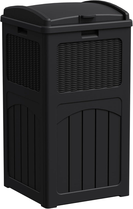 Greesum 33 Gallon Outdoor Trash Can with Lid, Waterproof Resin Garbage Bin for Hideaway, Deck, Patio, Dark Black