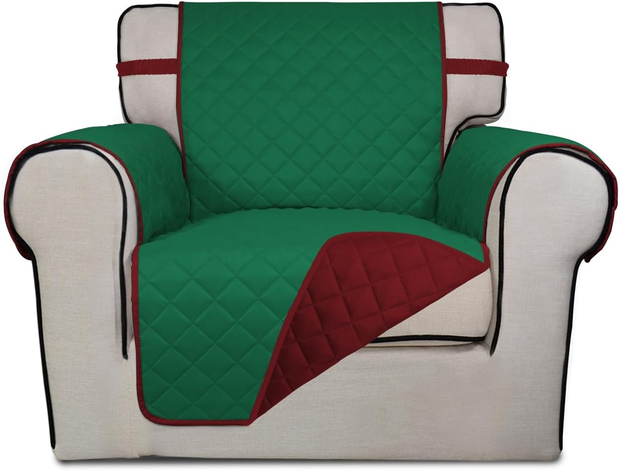 PureFit Reversible Quilted Sofa Cover, Water Resistant Slipcover Furniture Protector, Washable Couch Cover with Non Slip and Elastic Straps for Kids, Dogs, Pets (Chair, Green/Red)
