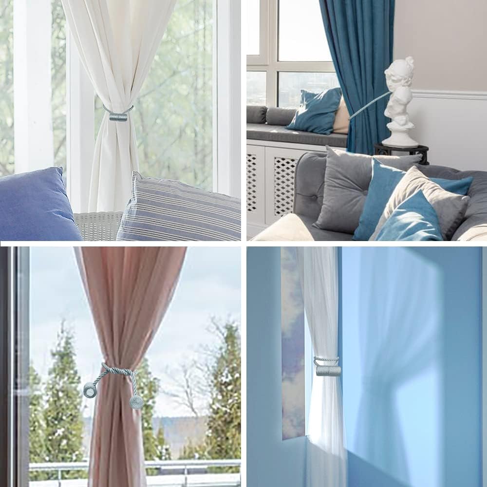 18 Inch Strong Magnetic Curtain Tiebacks, Curtain Holdbacks Modern Upgrade Strong 2021 New Twisted Style Decorative Drapery Rope Tie Backs(4 Pack Grey Blue)