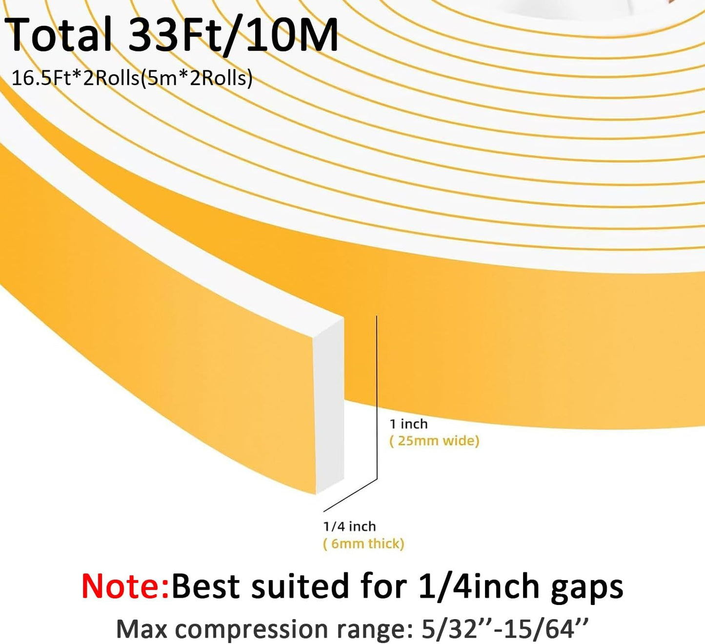 High Density Foam Weather Stripping Door Seal Strip Insulation Tape Roll for Insulating Door Frame, Window, Air Conditioner Soundproof Self Adhesive Sealing Weatherstrip(1 in x 1/4 in x 33 Ft)