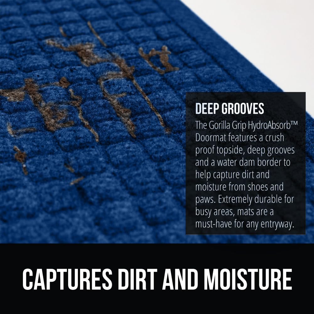 GORILLA GRIP Front Door Mat, 47x35, Indoor Outdoor Ultra Absorbent HydroAbsorb Doormat, Absorbs Up to 6 Cups of Water, Stain and Fade Resistant, Rubber Backing Doormats, Captures Dirt, Blue