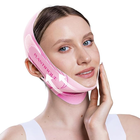 PLANTIFIQUE Chin Strap for Face Contouring - Reusable V Line Ice Silk Fabric Mask - Double Chin Shaping, Adjustable, Breathable Fabric - Jawline Shaper for Women & Men - Pink