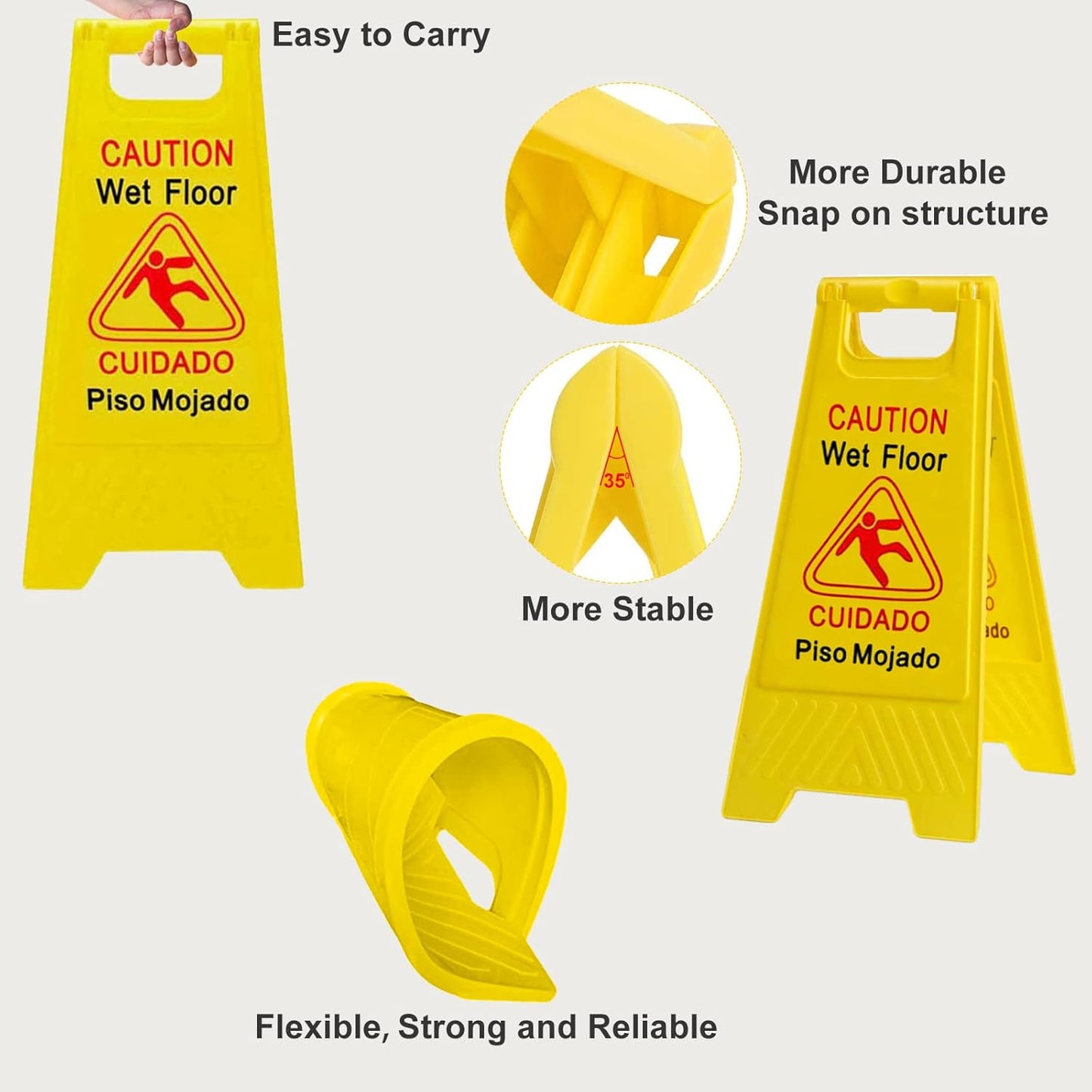 12-Pack Caution Wet Floor Signs | Foldable Sturdy Double-Sided Bilingual Saftey Warning Signs | Cuadado Piso Mojado| Avoid Fall & Slip Accident | Bright Yellow