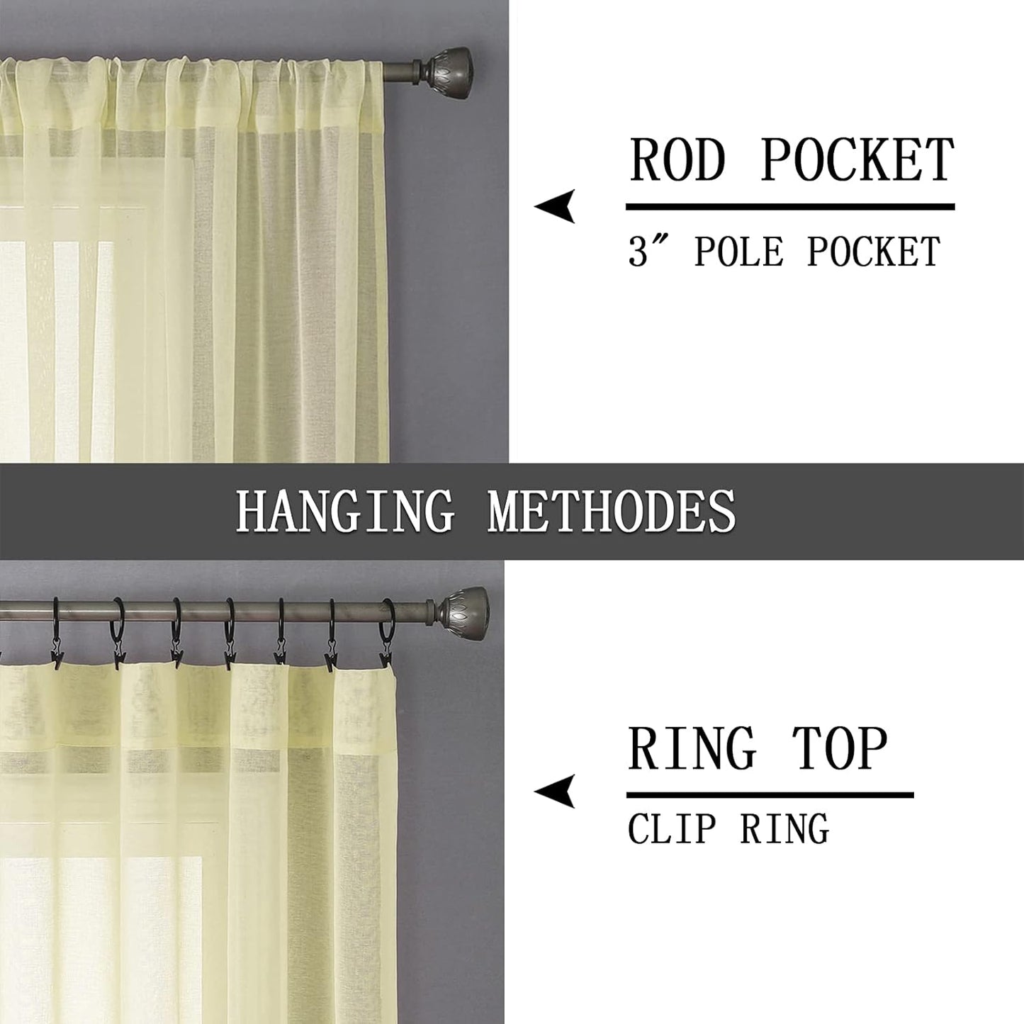 Tollpiz Short Sheer Curtain Linen Textured Bedroom Curtains Sheer Light Filtering Rod Pocket Voile Curtain for Living Room, 54 x 54 inches Long, Transparent Yellow, Set of 2 Panels