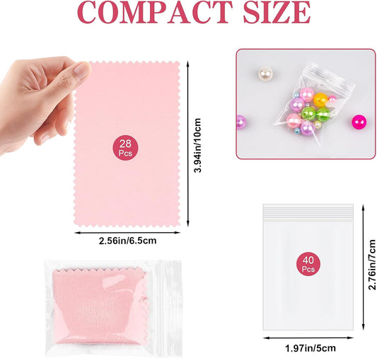 28 Pcs Jewelry Polishing Cloth for Sterling Silver Jewelry, Pink Cleaner Cloth for Rings, Includes 40 Pcs Small Jewelry Bags, Gift for Men and Women