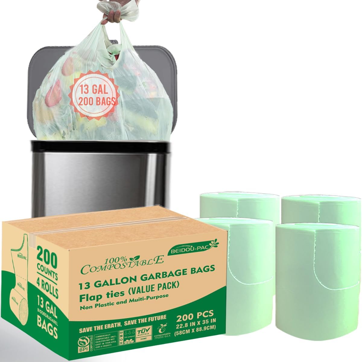 13 Gallon Flap Tie Compostable Trash Bags, 200 Count, Compost Bags Tall Kitchen Trash Bags, Sturdy Biodegradable Garbage Bags Food Scrap Waste Bags, ASTM D6400, US BPI Certified, Green