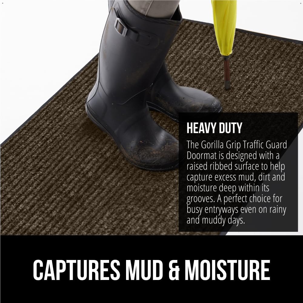 GORILLA GRIP Traffic Guard Door Mat, Heavy Duty Welcome Mats, Commercial Office Space Doormat, Waterproof, Fade Resistant, Strong Rubber Backing, Low Profile, Shoe and Boot Scraper, 29x17, Brown