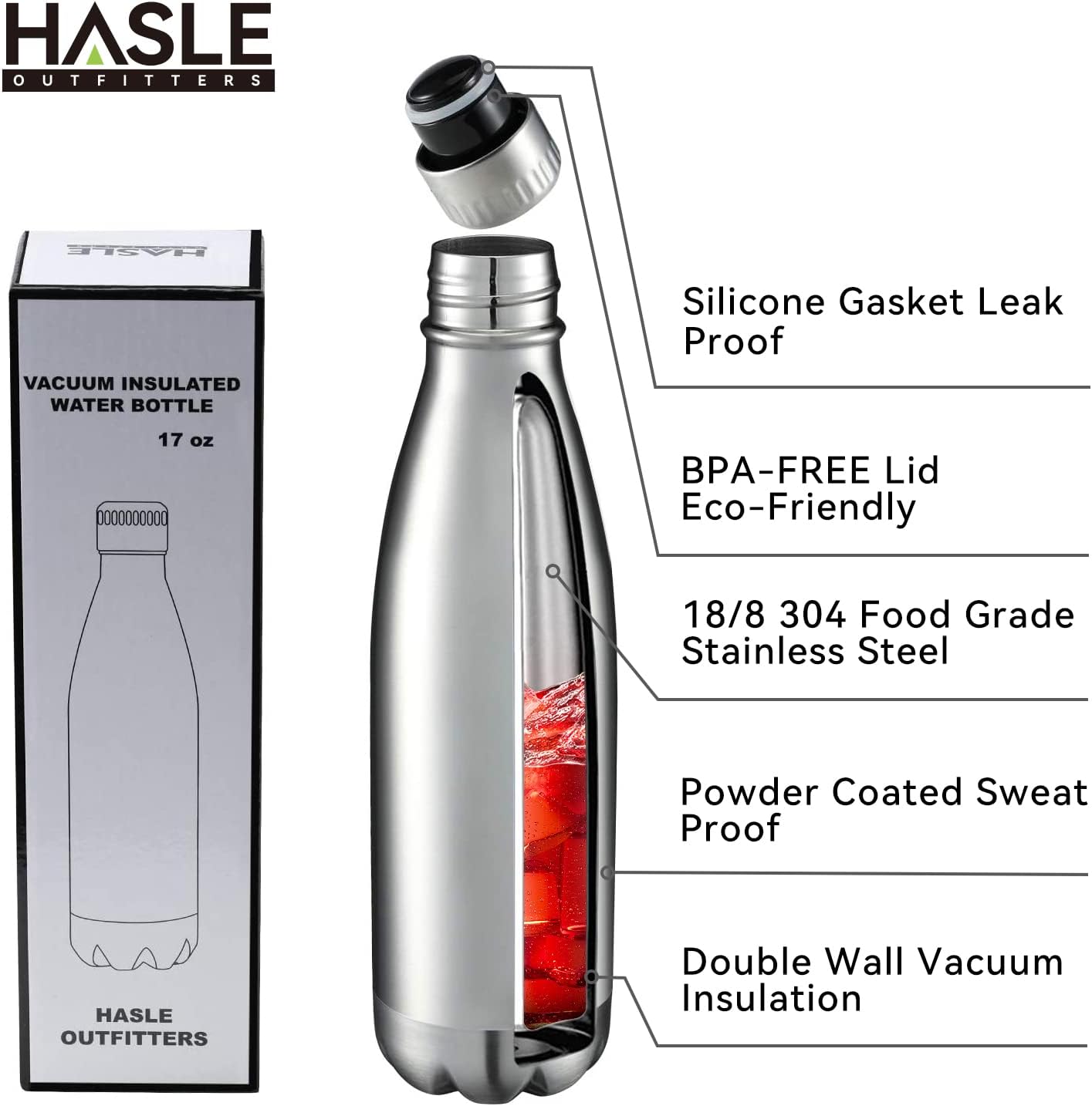 HASLE OUTFITTERS 17oz Stainless Steel Water Bottles Bulk, Vacuum Insulated Water Bottles Double Walled Reusable Metal Sports Water Bottles Keep Drinks Hot and Cold, Stainless, 8Packs