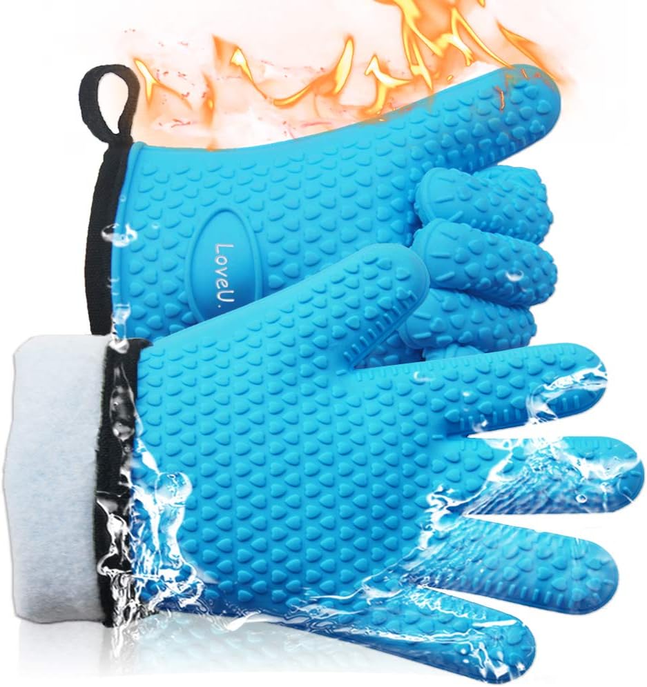 Kitchen Oven Gloves - Dual-Layer Heat Resistant Grilling Gloves, Silicone Oven Mitts with 5 Fingers, Waterproof Non-Slip Pot Holder for Barbecue, Cooking, Baking (XL-XXXL, Blue)