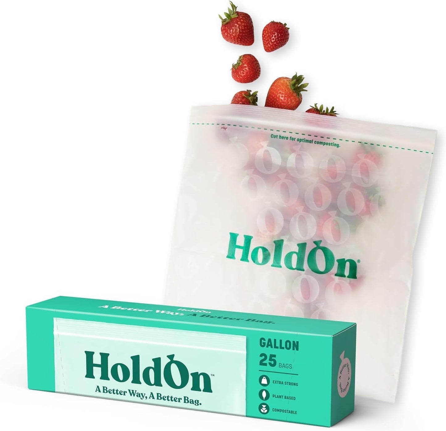 HoldOn Zipseal Gallon Bags - Compostable, PFOA-Free, BPA-Free, Food-Safe Zip Seal Food Storage Bags/Freezer-Safe Gallon Bags With Secure Seal for Home & Travel (25 bags total)