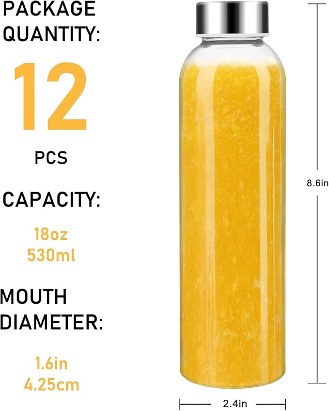 [12 Pack]18 oz Glass Water Bottles with Lids, Juice Bottles, Clear glass juice bottle for juicing, Eco-Friendly Reusable Glass Juicing Bottles with Stainless Steel Lid, BPA Free,Leak-Proof