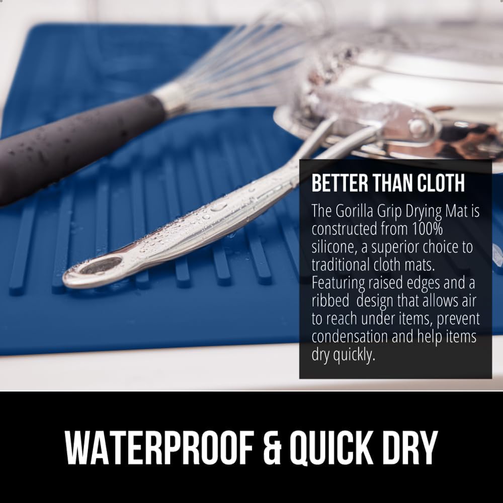 GORILLA GRIP 100% BPA-Free Patented Silicone Dish Drying Mat for Kitchen Counter, Water Catching Ribbed Design, Easy Clean Waterproof Sink Liner, Heat Resistant, Fits Under Rack, 16x12 Inch, Blue