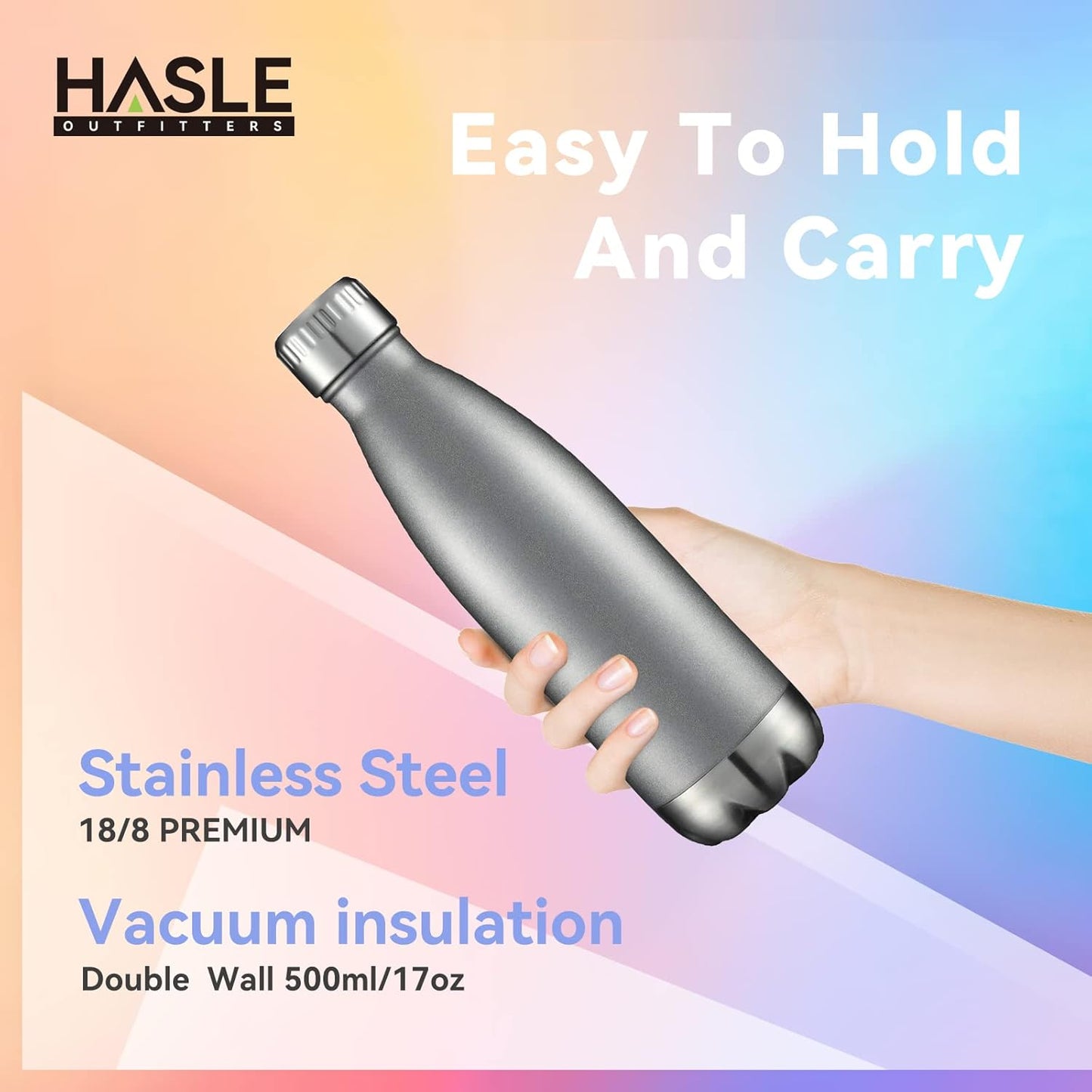 HASLE OUTFITTERS 17oz Stainless Steel Water Bottles Bulk, Vacuum Insulated Water Bottles Double Walled Reusable Metal Sports Water Bottles Keep Drinks Hot and Cold, Gray, 4Packs