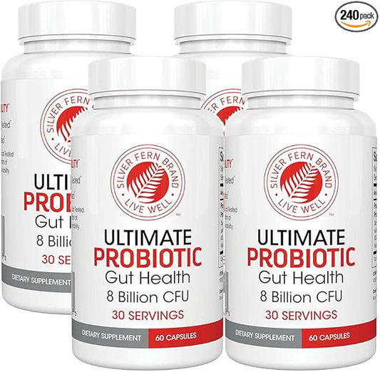 Silver Fern Brand Ultimate Probiotic 4-Pack – Probiotics for Women & Men – 8 Billion CFU Spore-Forming Gut Health Supplement – DNA Verified, Probiotic, Shelf-Stable, High Survivability – 240 Capsules