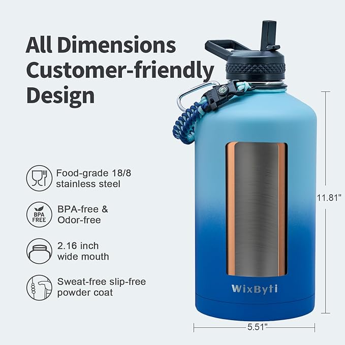 One Gallon Water Bottle Insulated, Triple Wall Vacuum Cold for 48 Hrs & Leak-proof & Non-BPA, 128oz Large Sports Stainless Steel Water Jug with Paracord Handle Straw Spout Lids & DIY Stickers