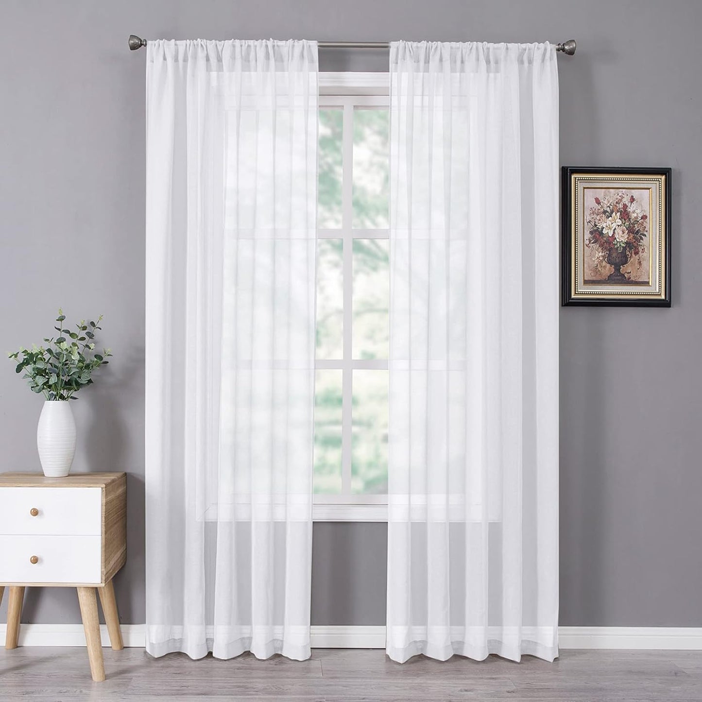 Tollpiz Sheer Curtain Linen Textured Bedroom Curtains Sheer Light Filtering Rod Pocket Voile Curtain for Living Room, 54 x 95 inches Long, White, Set of 2 Panels
