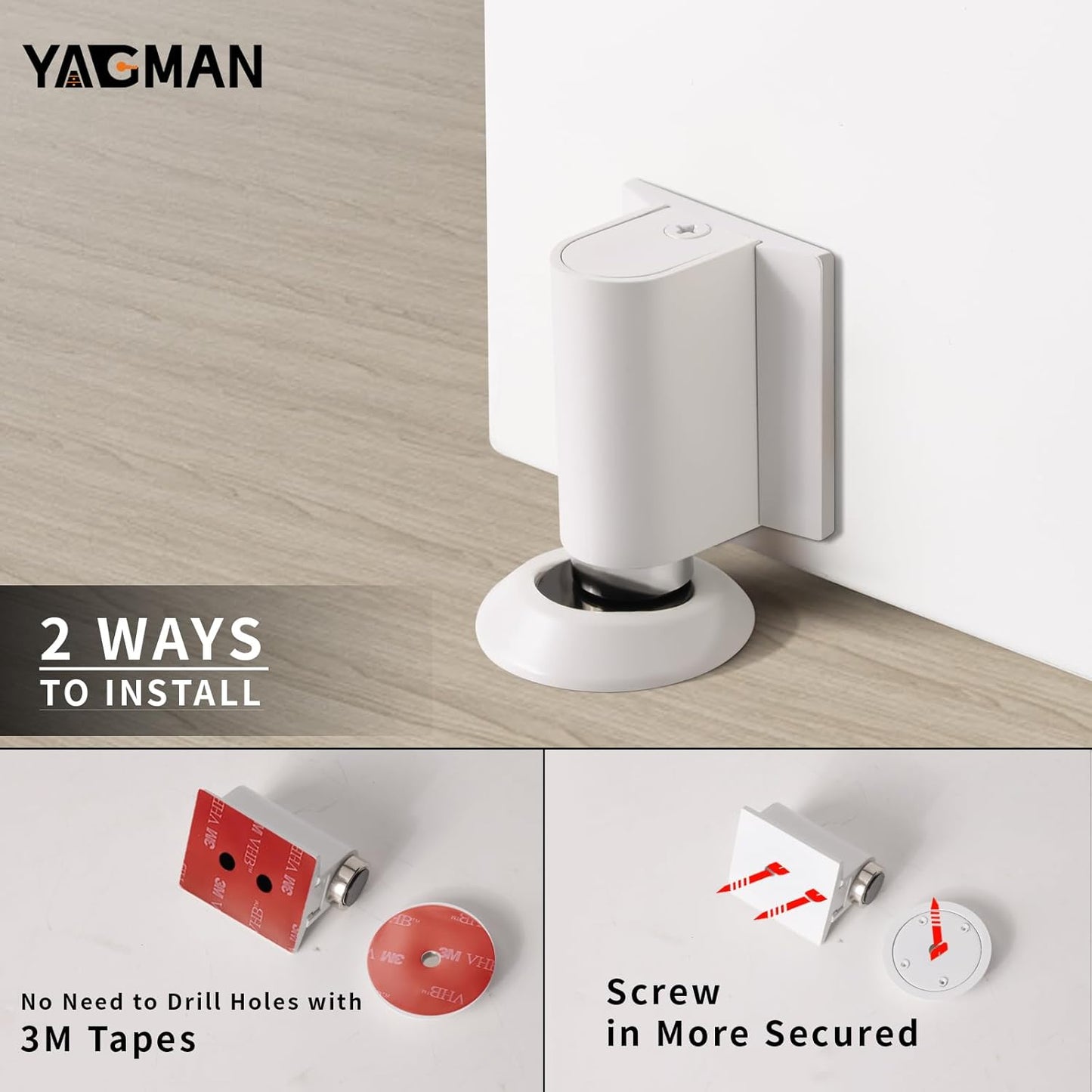 3 Pack Magnetic Door Stoppers Retractable Bottom of Door Holder No Drilling Mount Floor Door Stop with Screws and Adhesive Catch Door Keep Door Open White WT-3