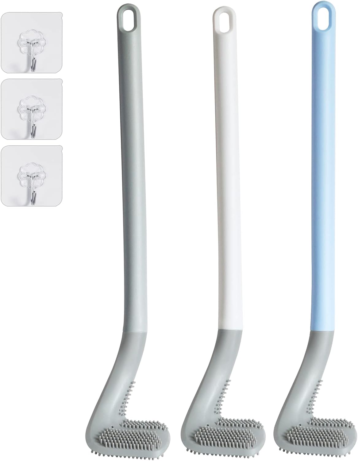 3 Pack Golf Toilet Brush, Flexible Long Handled Toilet Cleaning Brush, 360° No Dead Space Deep Toilet Cleaning Brush, Toilet Brush for Bathroom, with Hook (White + Blue + Grey)