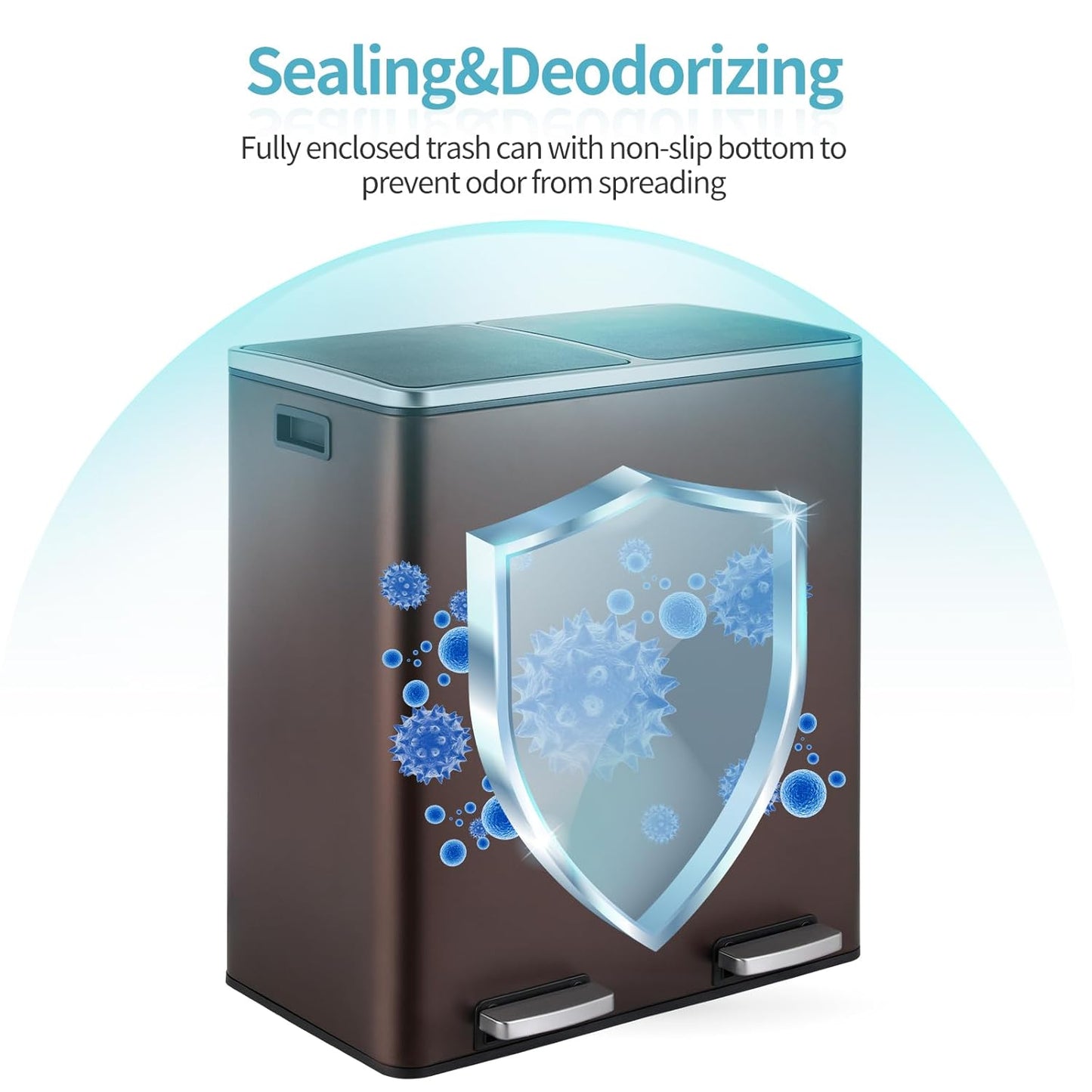 16 Gallon Rectangular Stainless Steel Trash Can, Dual Compartment Garbage Bin with Recycling Combo, Metal Dustbin Lid, Removable Liner, Indoor Hands Free Waste Bucket for Kitchen Home