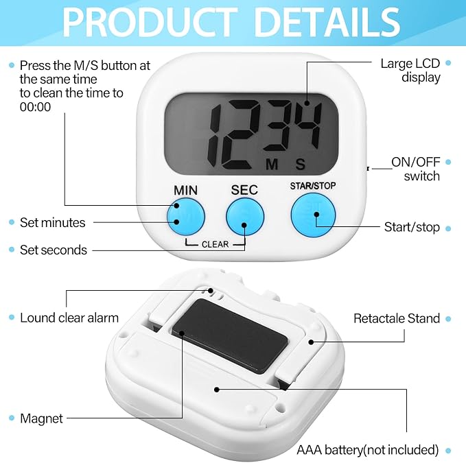 Weewooday 24 Pcs Digital Kitchen Timer Magnetic Timer Bulk On/Off Switch Minute Second Count up Countdown Loud Alarm for Exercise Cook Baking(Black, White)
