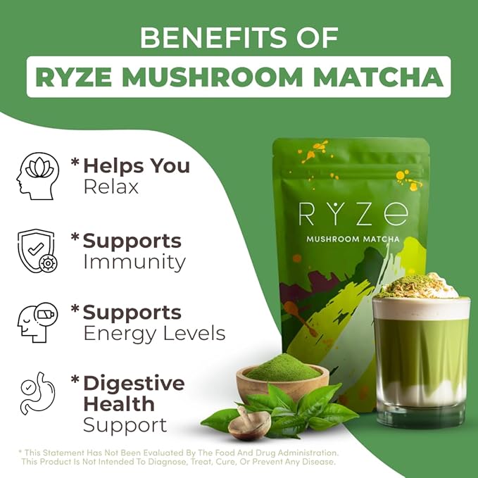 RYZE SUPERFOODS Mushroom Matcha, USDA Organic with 6 Adaptogenic Mushrooms and Ceremonial-Grade Matcha for Energy, Focus, Digestion, Immunity with Turkey Tail, Shiitake, Lion's Mane, 30 servings