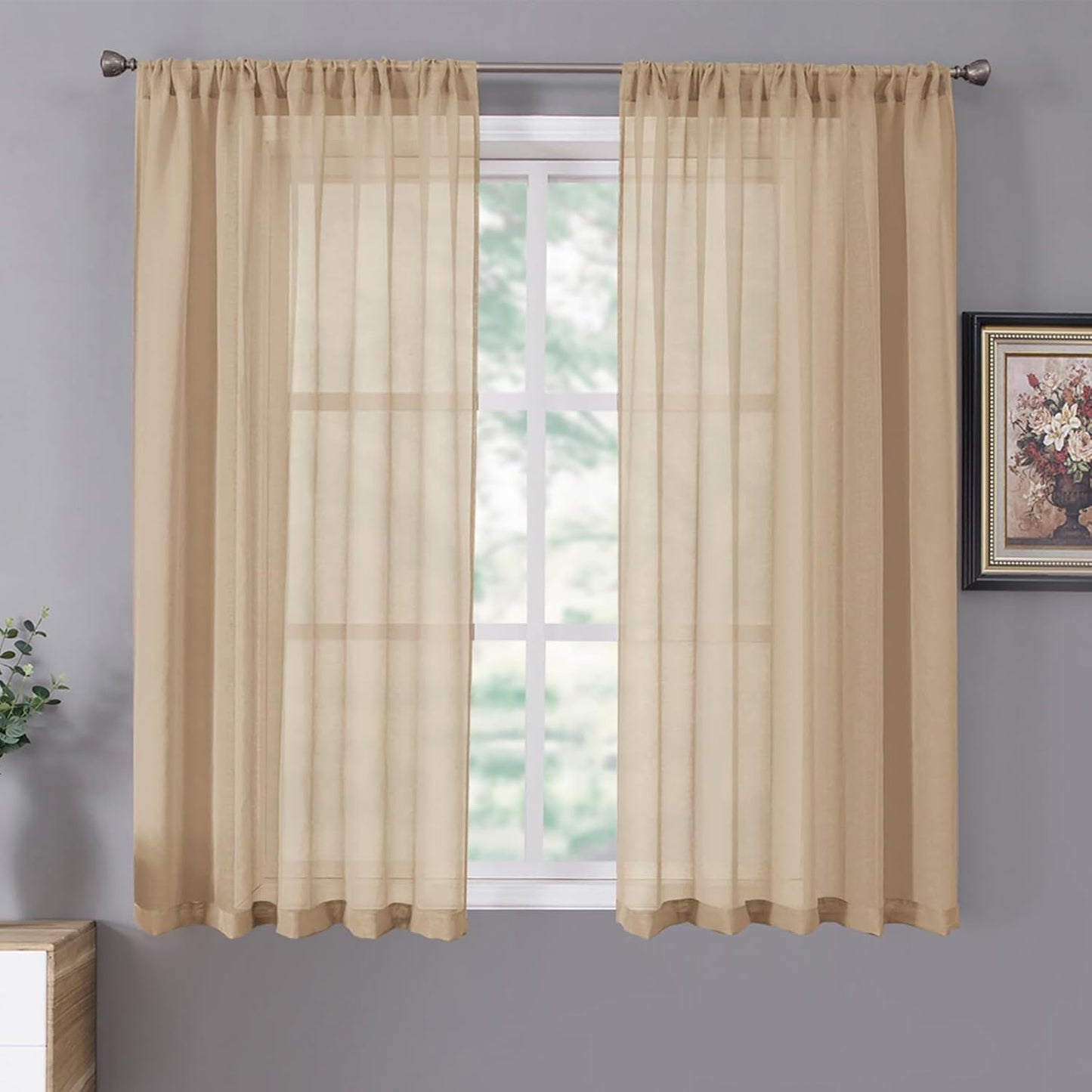 Tollpiz Sheer Curtains Linen Textured Bedroom Curtain Sheers Light Filtering Rod Pocket Voile Curtains for Living Room, 54 x 63 inches Long, Beige, Set of 2 Panels
