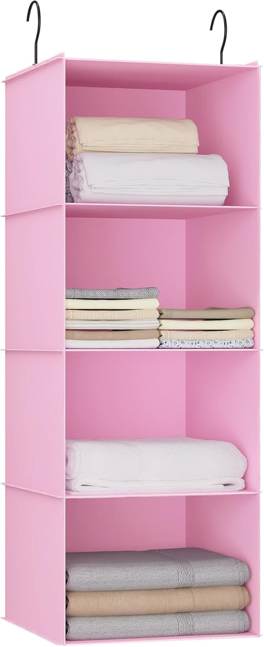 Hanging Closet Organizer, Easy Mount Foldable 4-Shelf Hanging Closet Wardrobe Storage Shelves, Clothes Handbag Shoes Accessories Storage, Washable Oxford Cloth Fabric, Pink