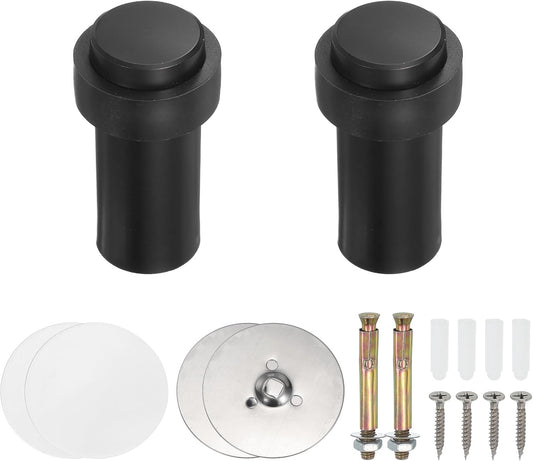 PATIKIL 2Set Round Door Stoppers, 80mm Stainless Steel Door Stop Doorstop Wedge Metal Cylinder Self Adhesive with Screw for Bottom of Door Floor Inside, Black