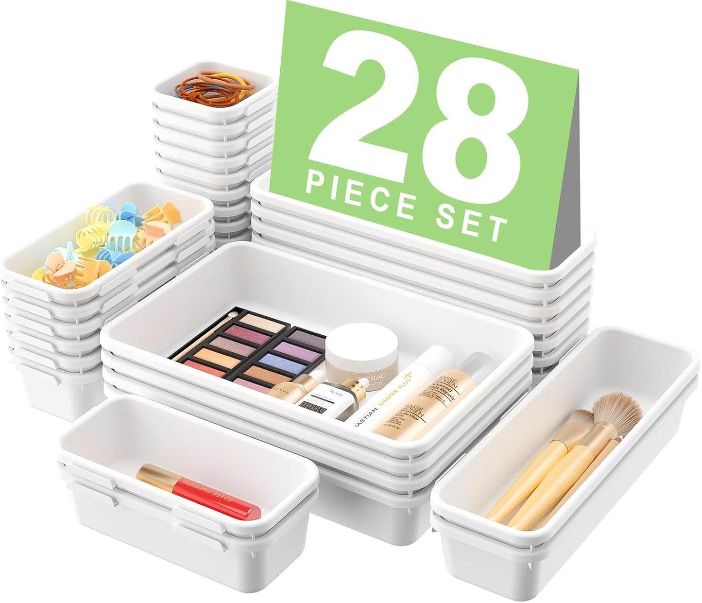 A-LuGei 【28PCS】 Drawer Organizer, Bathroom Organizers and Storage, Makeup organizer, Desk drawer organizer, Storage Bins for Kitchen Office Bedroom Vanity Jewelry Pantry Garage【White】【4Size】