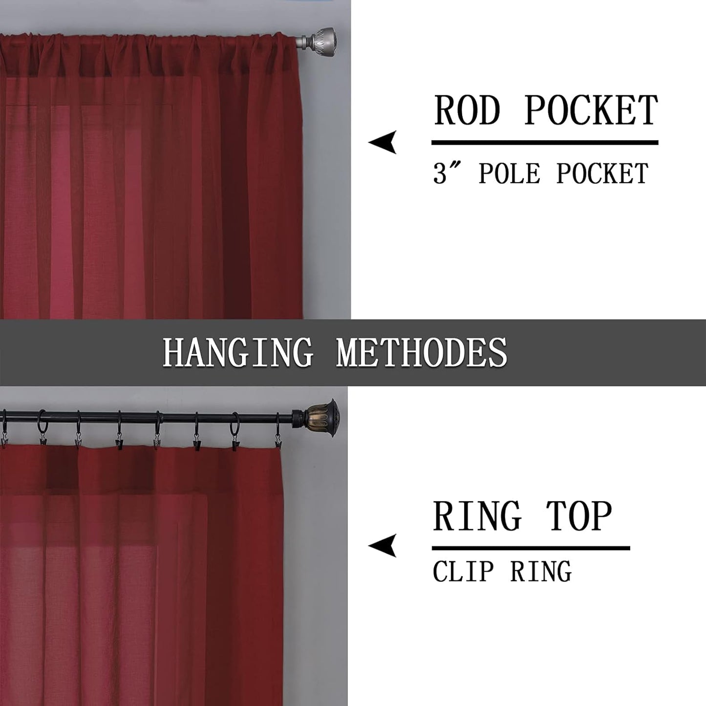 Tollpiz Sheer Curtain Linen Textured Living Room Curtains Sheer Light Filtering Rod Pocket Voile Curtain for Bedroom, 54 x 72 inches Long, Burgundy Red, Set of 2 Panels