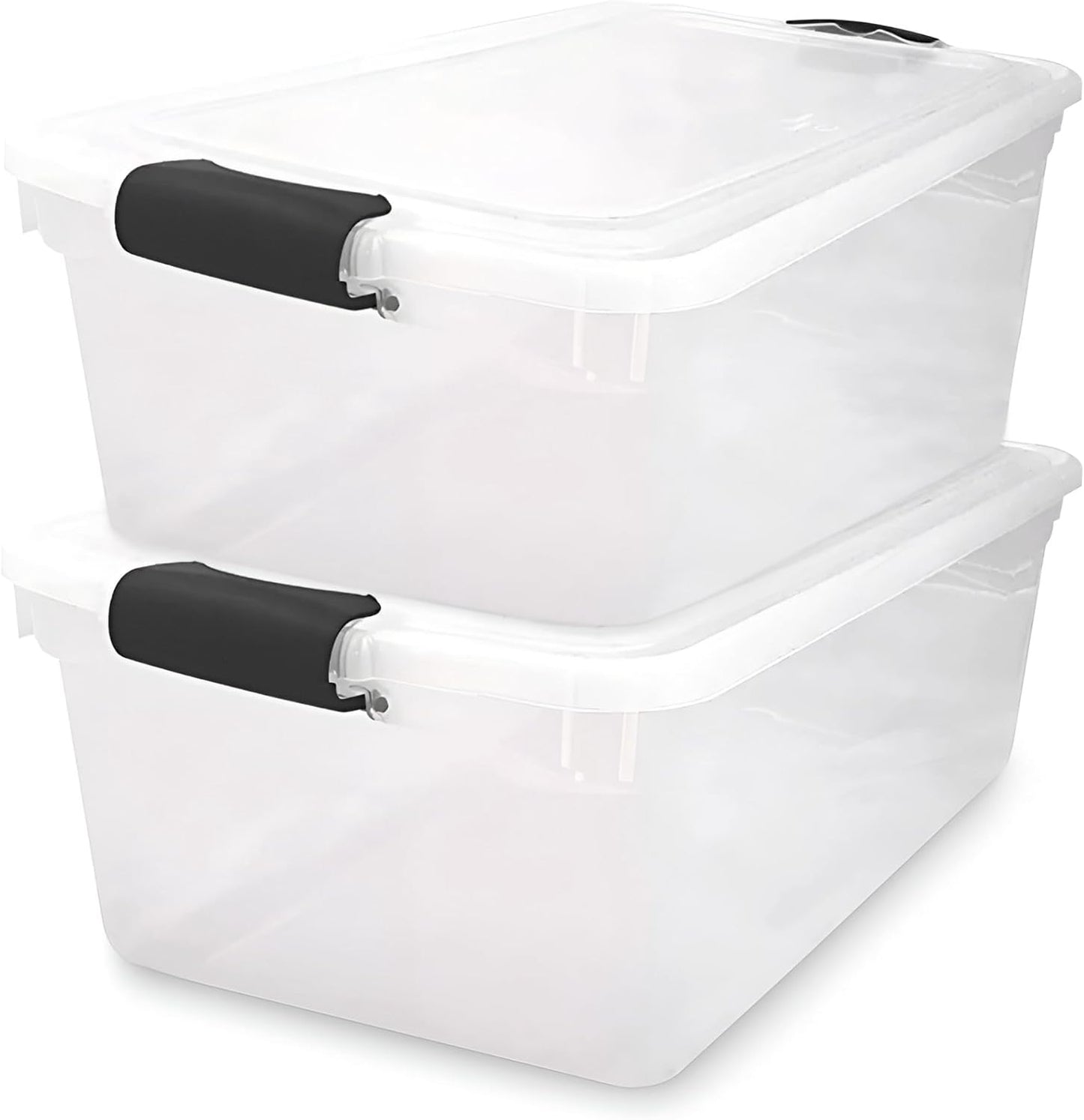 HOMZ 2-Pack Secure Latch, Clear Plastic Storage Organizer Bins, 64 Quart, Gray Latches - Stackable Container Boxes for Bedroom, Bathroom, Garage, and Office Organization