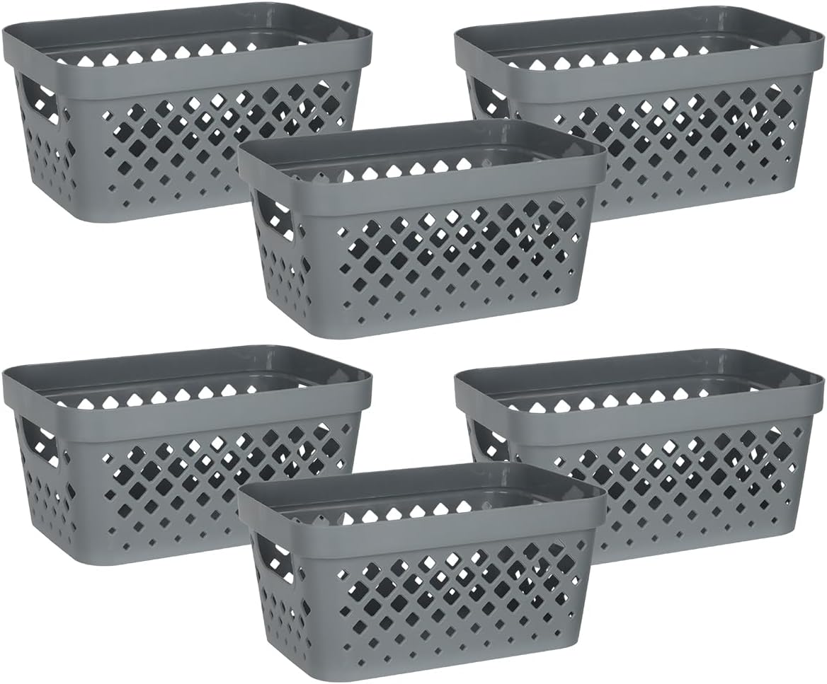 Glad Plastic Baskets for Organizing, Set of 6 | Pantry Storage for Under Counter, Linen Closet, and Bathroom | Nesting Shelf Bins with Handles, 1 Gallon, Grey