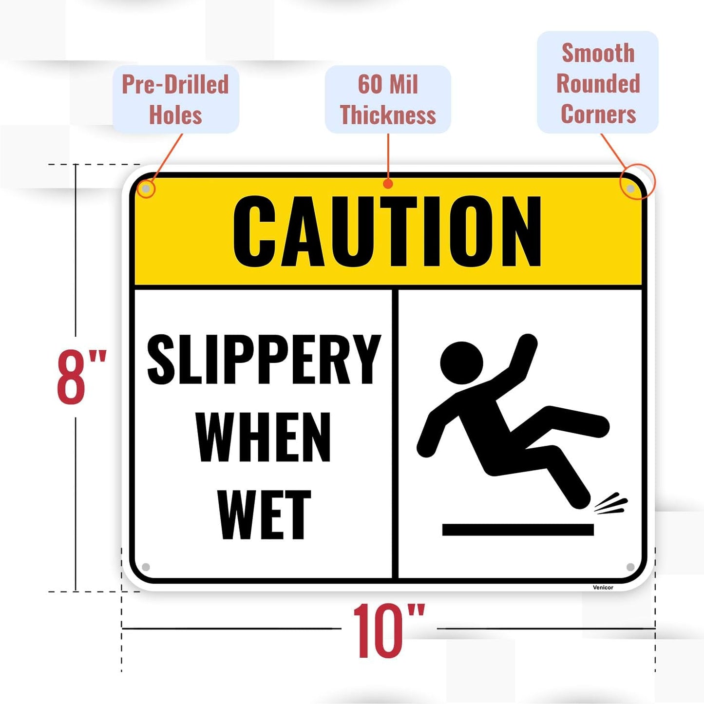 2PC Slippery When Wet Sign, 10 x 8 Inches - Aluminum - Caution Wet Floor Sign 2 Pack