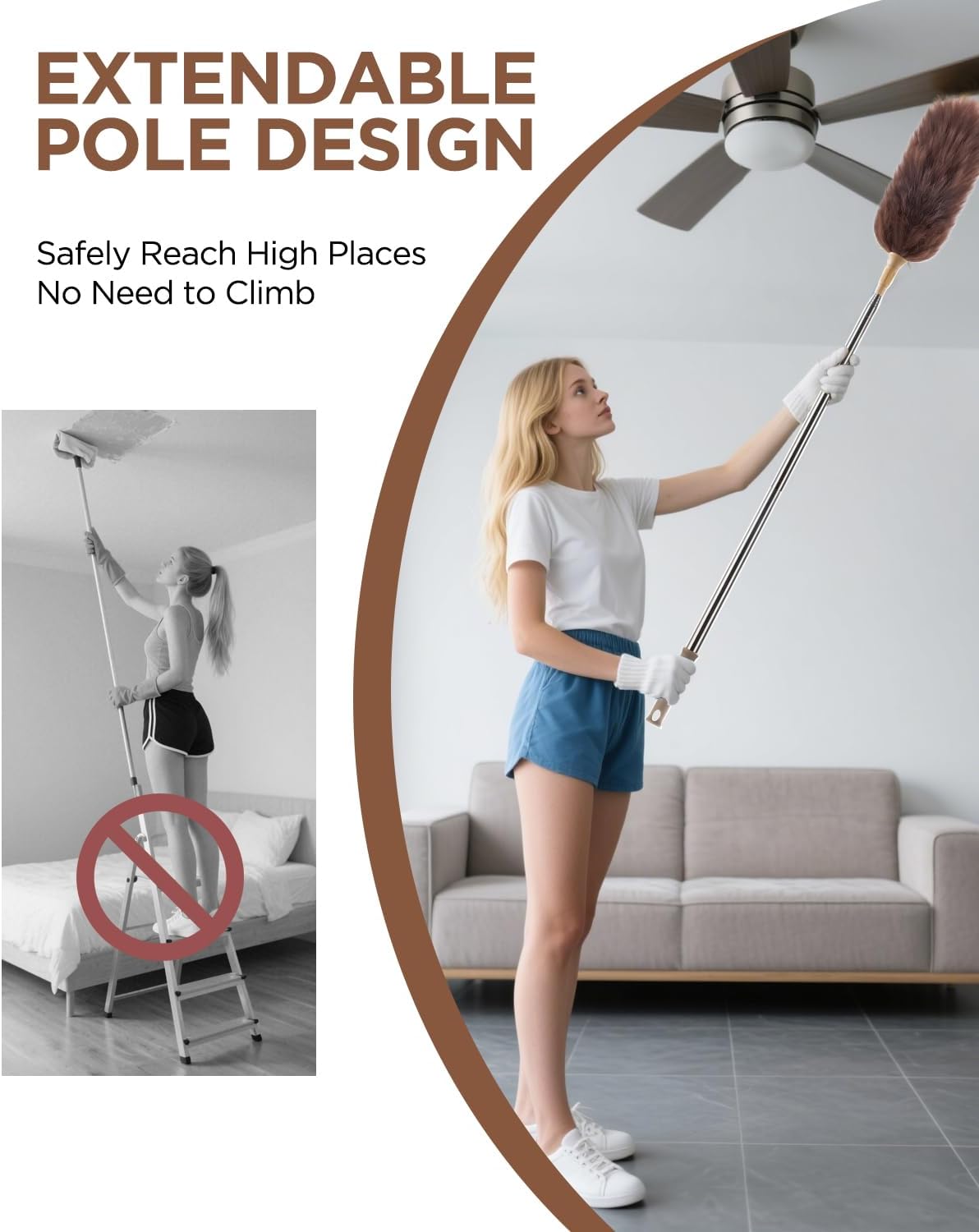 Extendable Lambswool Duster 30-100 Inch, Stainless Steel Long Handle Duster, Natural Feather Duster for Cleaning High Ceilings, Fans, Bookshelves, Interior, Cars