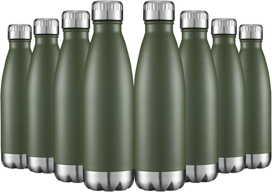 HASLE OUTFITTERS 17oz Stainless Steel Water Bottles Bulk, Vacuum Insulated Double Walled Powder Coated Reusable Metal Sports Water Bottles Keep Drinks Hot and Cold, ArmyGreen, 8Packs