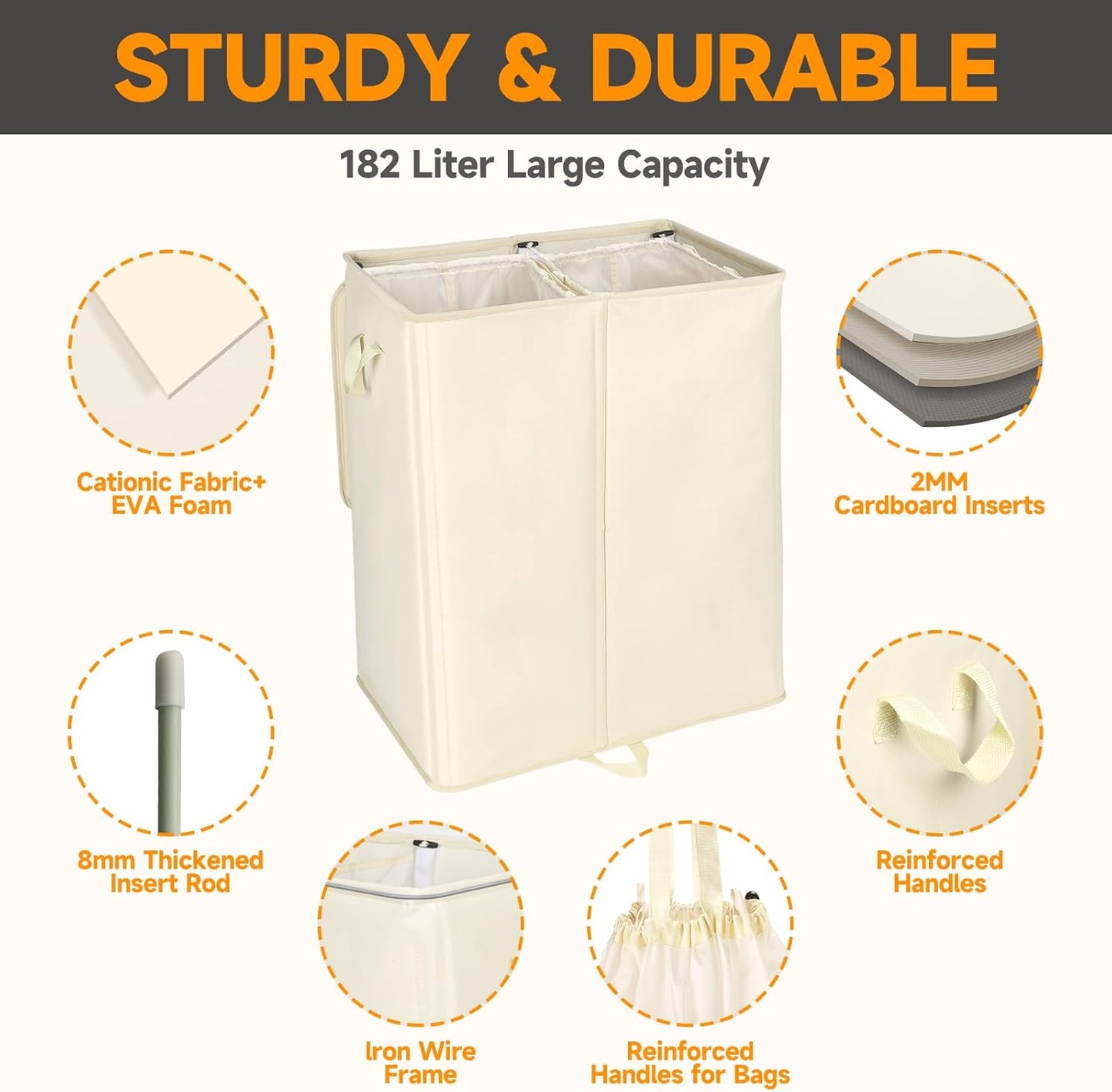 182L Oversized Laundry Hamper 2 Section with Lid and Removable Bags,Double Laundry Basket 30in Dirty Clothes Hamper 2 Dividers for Bedroom,Laundry Room,Bathroom,Dorm Beige White